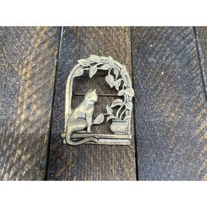 Vintage Pewter Cat In The Window  Pin Brooch